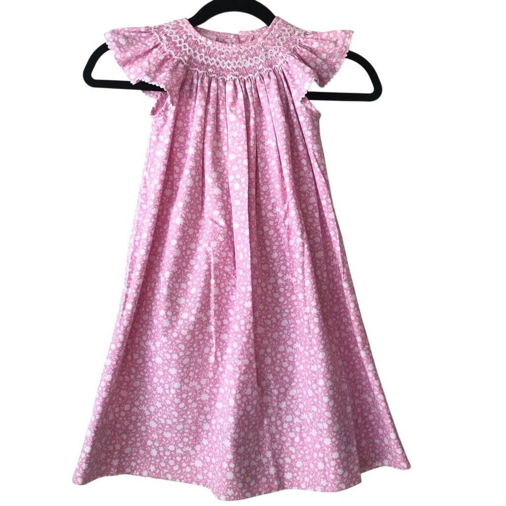 Petit Bebe Hand Smocked Flower Print Dress 4T pink 100% cotton Cottagecore Prair